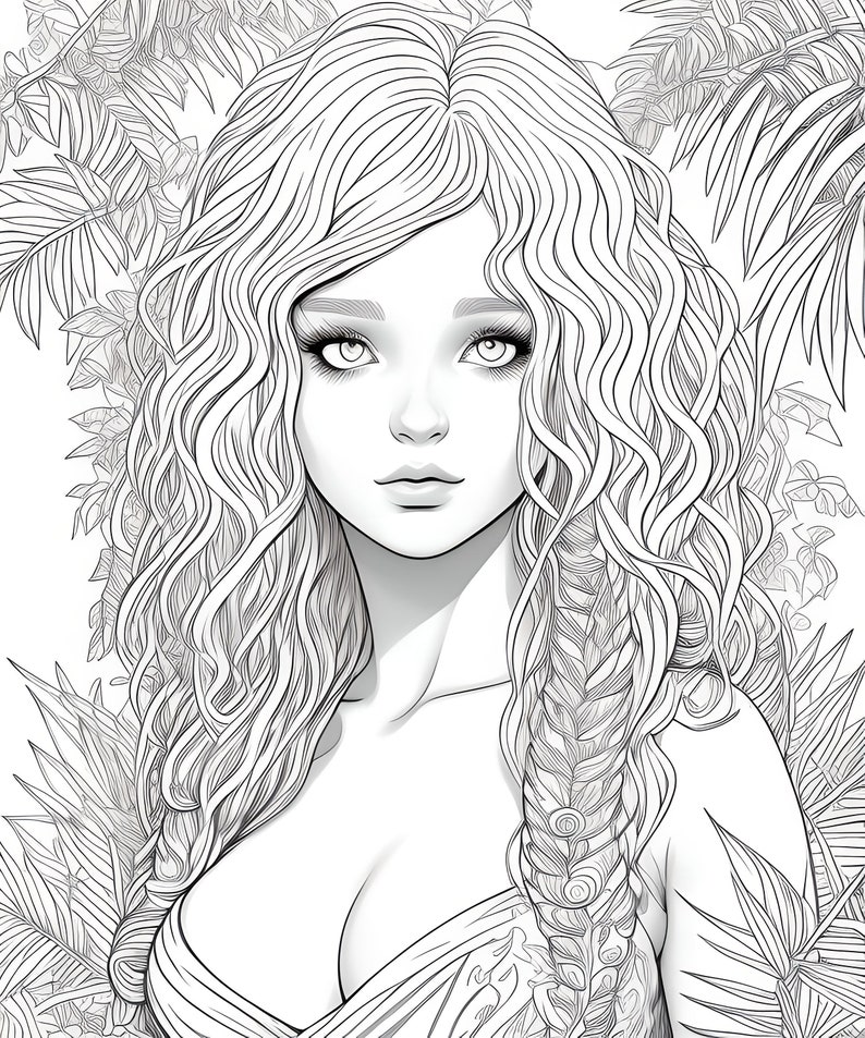May include: Black and white illustration of a woman with long, wavy hair and a braid. The woman has large eyes and full lips. The background features tropical foliage, creating a serene and natural aesthetic. The artwork is detailed and elegant.