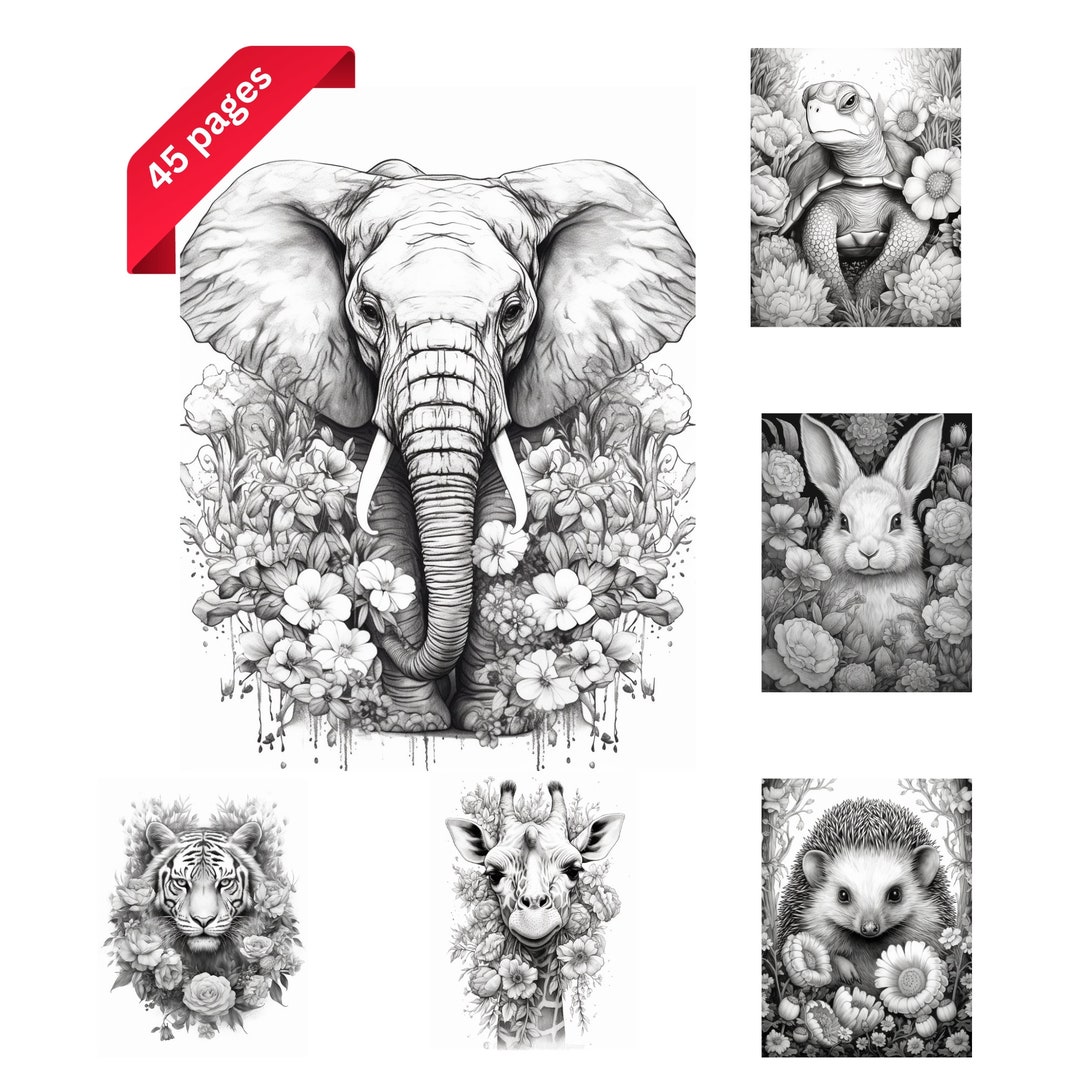 Cute Animals Grayscale Coloring Pages, Printable Adult Coloring Pages
