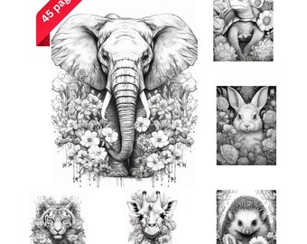 May include: Black and white illustrations of various animals surrounded by flowers. The animals include an elephant, a turtle, a rabbit, a giraffe, and a hedgehog.