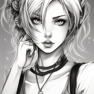 May include: Black and white drawing of a woman with short, wavy hair. She is wearing a necklace with a pendant and a choker. She has a serious expression on her face.