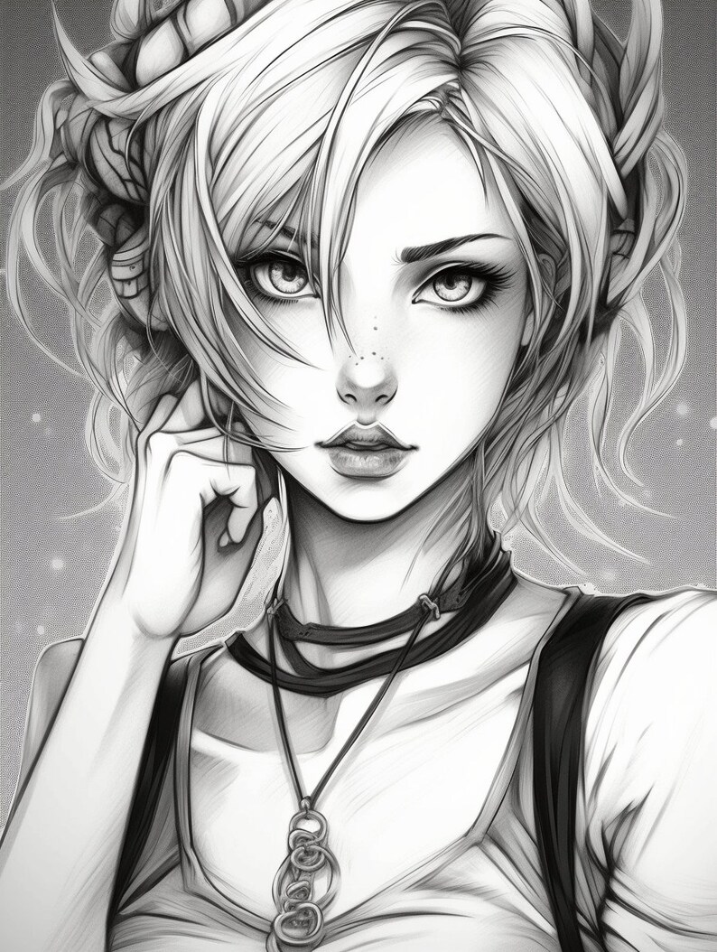 May include: Black and white drawing of a woman with short, wavy hair. She is wearing a necklace with a pendant and a choker. She has a serious expression on her face.