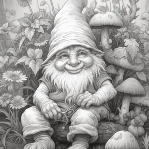 Cute Gnomes in the garden Coloring Book for Adults and Kids, Grayscale Coloring Pages, Instant Download, Printable PDF File image 9