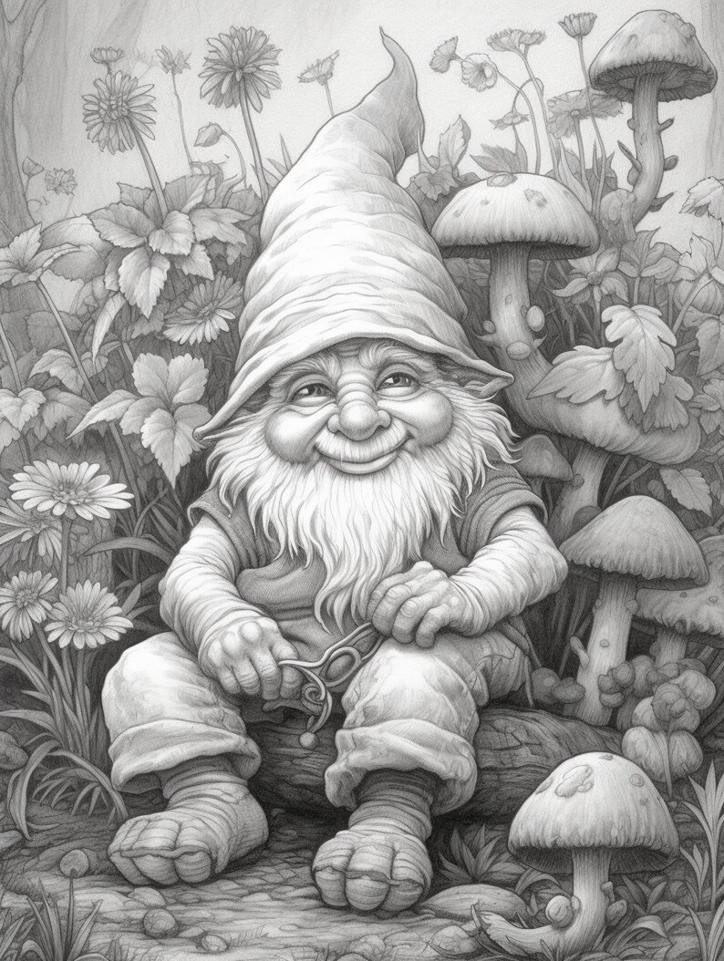 Cute Gnomes in the garden Coloring Book for Adults and Kids, Grayscale Coloring Pages, Instant Download, Printable PDF File image 9