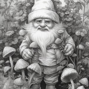 Cute Gnomes in the garden Coloring Book for Adults and Kids, Grayscale Coloring Pages, Instant Download, Printable PDF File image 6