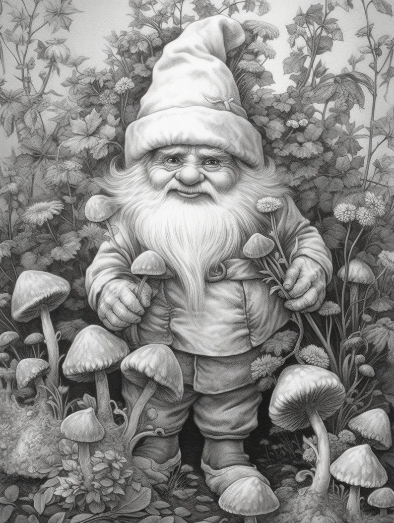 Cute Gnomes in the garden Coloring Book for Adults and Kids, Grayscale Coloring Pages, Instant Download, Printable PDF File image 6