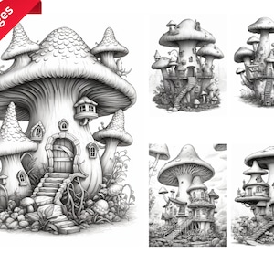 Mushroom houses Coloring Book for Adults and Kids, Instant Download, Grayscale Coloring Book