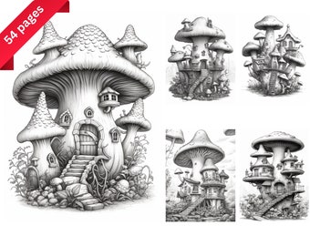 Mushroom houses Coloring Book for Adults and Kids, Instant Download, Grayscale Coloring Book