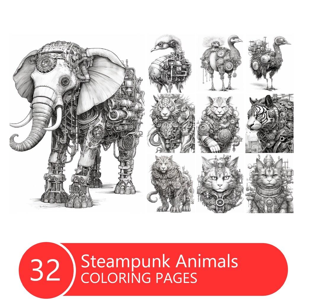 Steampunk Animals Coloring Book for Adults and Kids, Grayscale Coloring ...