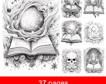 Libri di magia - Pagine da colorare in scala di grigi: Arte fantasy (download immediato)