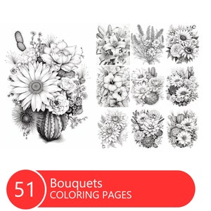 Bouquets Coloring Book for Adults and Kids, Grayscale  Coloring Pages, Instant Download, Printable PDF File