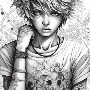 May include: Black and white pencil drawing of a person with short, choppy hair. The person is wearing a t-shirt with a skull graphic and several bracelets on their wrist.
