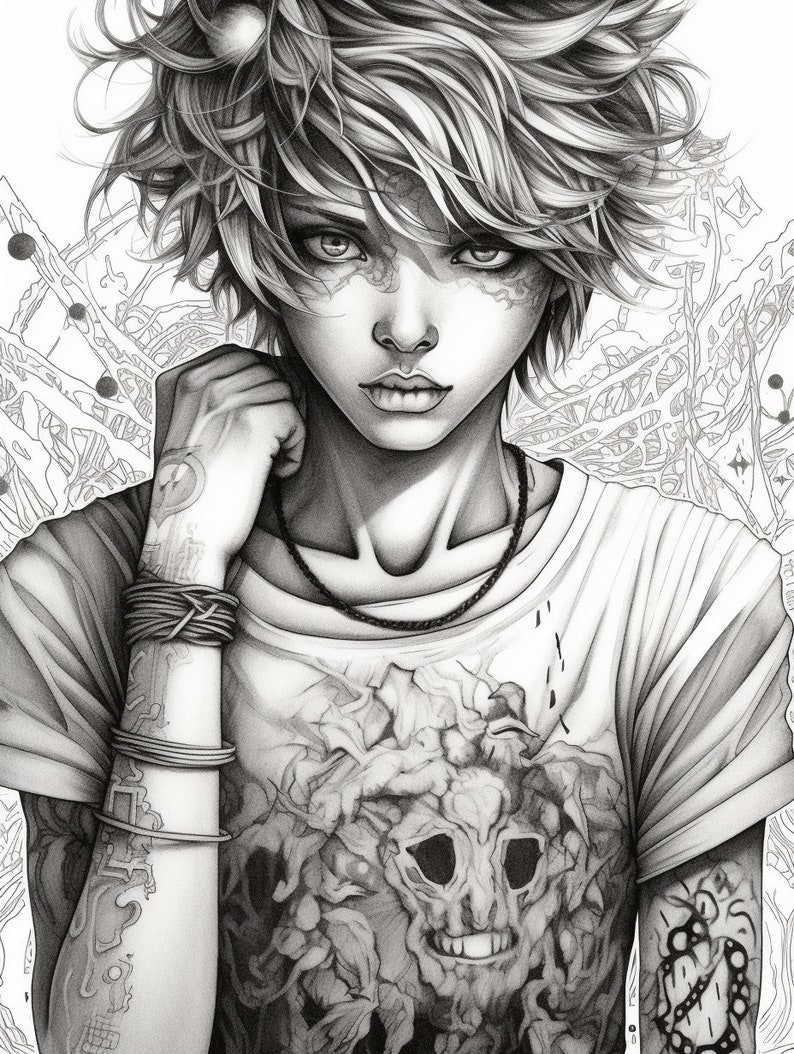 May include: Black and white pencil drawing of a person with short, choppy hair. The person is wearing a t-shirt with a skull graphic and several bracelets on their wrist.