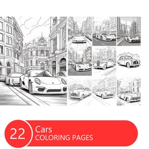 Cars Coloring Book for Adults and Kids, Grayscale Coloring Pages, Instant Download, Printable PDF File