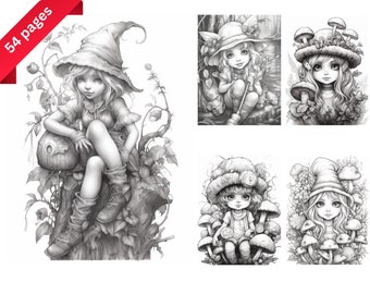 May include: A coloring book featuring four black and white illustrations of fairies with mushroom hats. The fairies are surrounded by mushrooms and flowers.