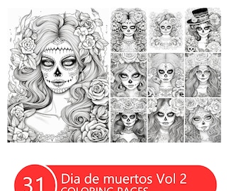 Dia de Muertos Vol 2 Coloring Book for Adults and Kids, Grayscale Coloring Pages, Instant Download, Printable PDF File