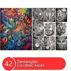 Zentangles Coloring Book for Adults and Kids, Grayscale Coloring Pages, Instant Download, Printable PDF File
