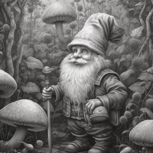 Cute Gnomes in the garden Coloring Book for Adults and Kids, Grayscale Coloring Pages, Instant Download, Printable PDF File image 7