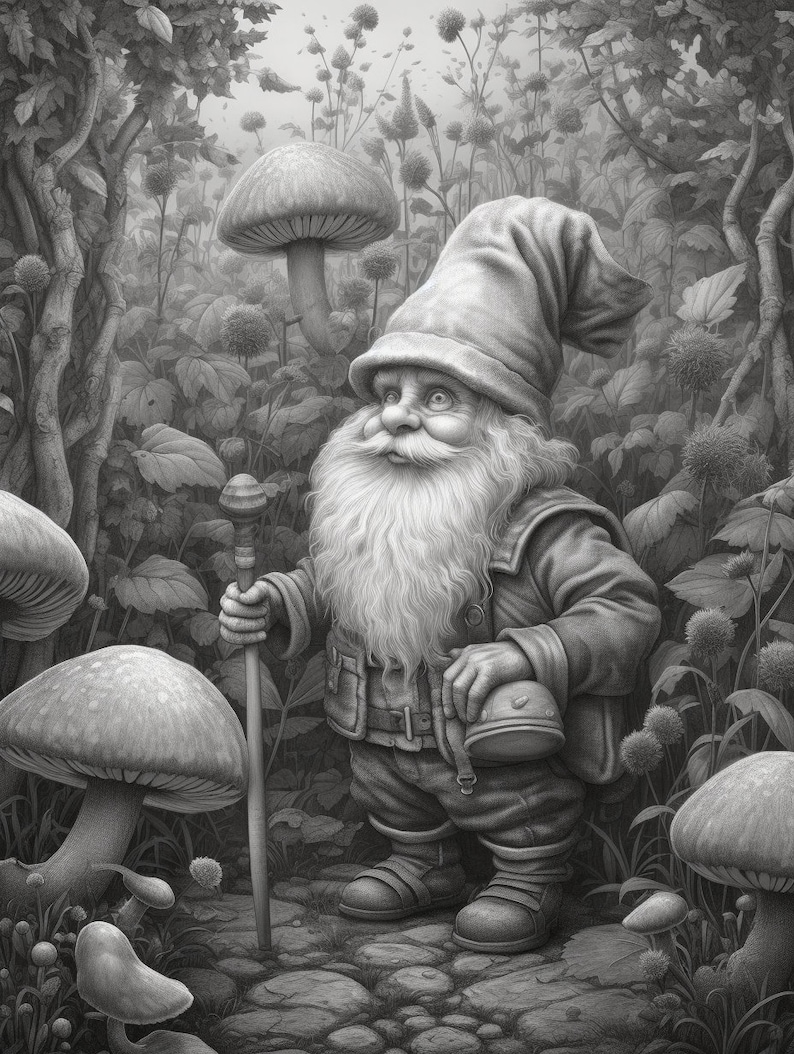 Cute Gnomes in the garden Coloring Book for Adults and Kids, Grayscale Coloring Pages, Instant Download, Printable PDF File image 7