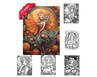 Pumpkin Fairies Grayscale Coloring Pages: Fantasy Art (PDF)