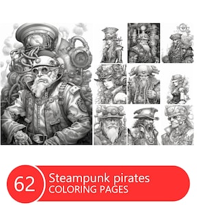 Steampunk Piraten Malbuch für Erwachsene und Kinder, Graustufen Malvorlagen, Sofort Download, Druckbare PDF Datei