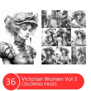 Victorian Women Vol 3 Coloring Book for Adults and Kids, Grayscale Coloring Pages, Instant Download, Printable PDF File