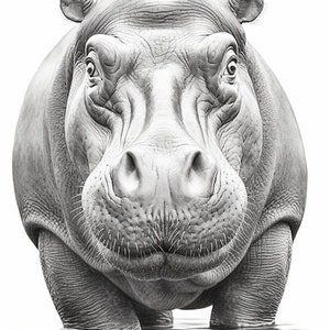 Puede incluir: Ilustraci&oacute;n detallada en blanco y negro de un hipop&oacute;tamo, mirando al espectador. La piel texturizada y los rasgos faciales del hipop&oacute;tamo est&aacute;n meticulosamente representados. El animal est&aacute; en agua poco profunda, con reflejos visibles.