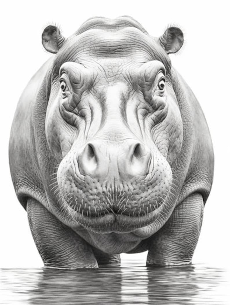 Puede incluir: Ilustraci&oacute;n detallada en blanco y negro de un hipop&oacute;tamo, mirando al espectador. La piel texturizada y los rasgos faciales del hipop&oacute;tamo est&aacute;n meticulosamente representados. El animal est&aacute; en agua poco profunda, con reflejos visibles.