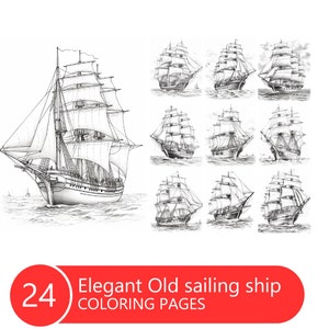 Elegant Old Sailing Ship Coloring Book for Adults and Kids, Grayscale Coloring Pages, Instant Download, Printable PDF File
