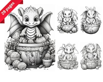Página para colorear de dragones bebés: Arte fantástico en escala de grises (PDF imprimible)