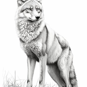 Puede incluir: Dibujo a l&aacute;piz detallado de un coyote en posici&oacute;n de pie, mirando ligeramente hacia un lado. La obra de arte muestra la textura del pelaje y los rasgos faciales, con sombreado y luces sutiles. El coyote est&aacute; sobre un fondo blanco con hierba escasa.