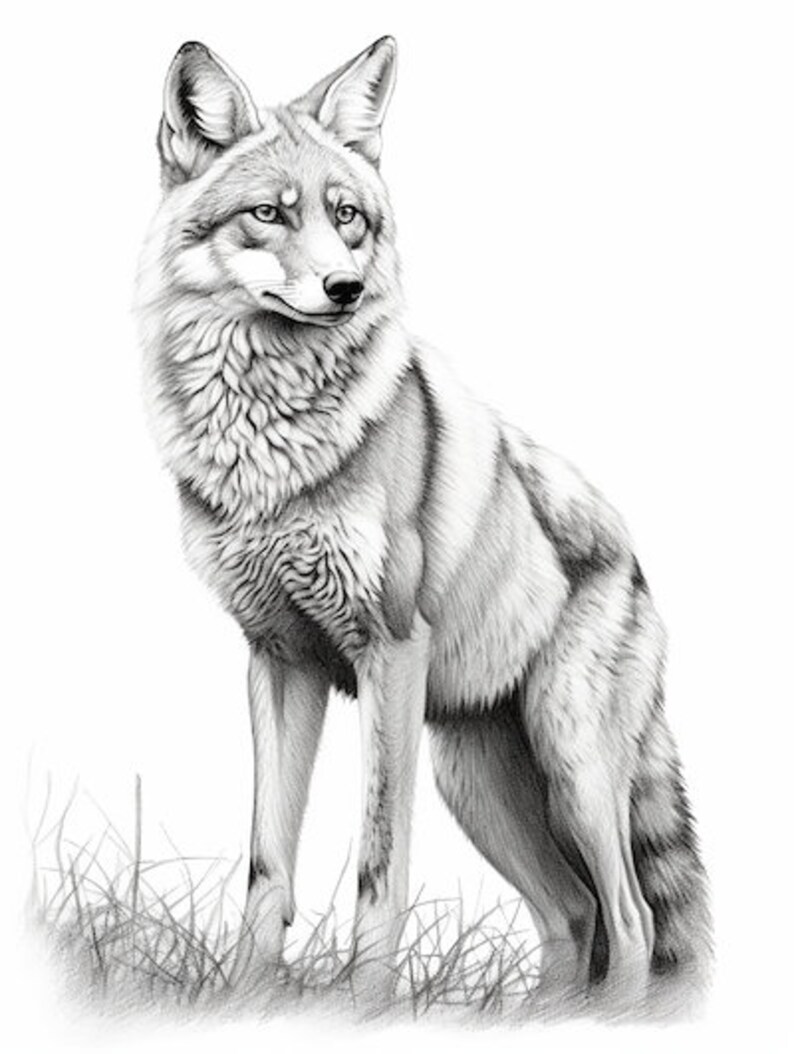 Puede incluir: Dibujo a l&aacute;piz detallado de un coyote en posici&oacute;n de pie, mirando ligeramente hacia un lado. La obra de arte muestra la textura del pelaje y los rasgos faciales, con sombreado y luces sutiles. El coyote est&aacute; sobre un fondo blanco con hierba escasa.