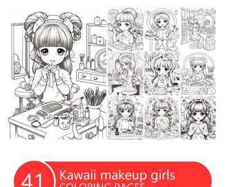May include: A coloring book with 41 pages featuring kawaii makeup girls. The cover shows a girl with pigtails applying makeup in front of a mirror.