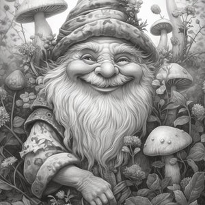 Cute Gnomes in the garden Coloring Book for Adults and Kids, Grayscale Coloring Pages, Instant Download, Printable PDF File image 5