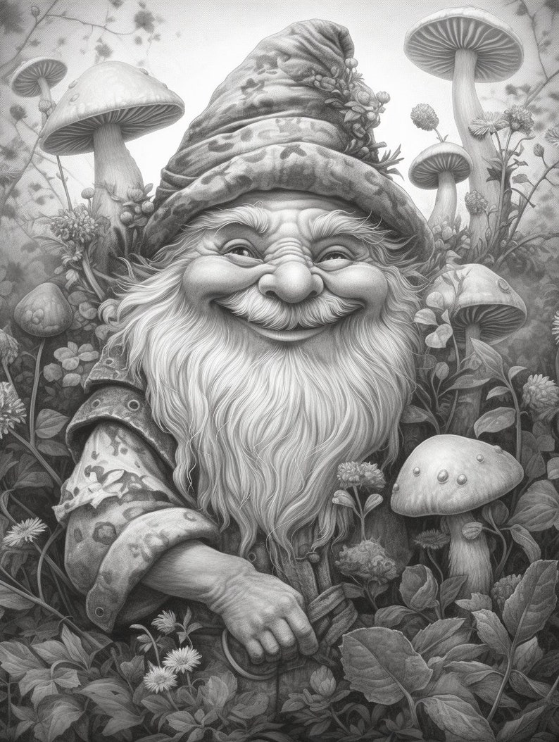 Cute Gnomes in the garden Coloring Book for Adults and Kids, Grayscale Coloring Pages, Instant Download, Printable PDF File image 5