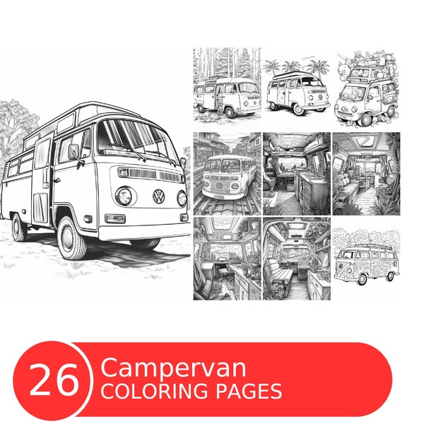 Campervan Coloring Book for Adults and Kids, Grayscale Coloring Pages, Instant Download, Printable PDF File