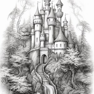 May include: A detailed pencil drawing of a fairytale castle perched atop a rocky cliff with a waterfall cascading down the side. Lush trees surround the castle, creating a magical and enchanting scene.