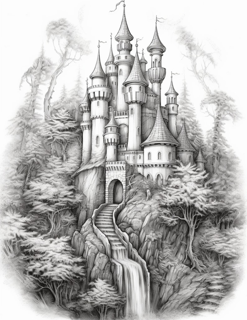 May include: A detailed pencil drawing of a fairytale castle perched atop a rocky cliff with a waterfall cascading down the side. Lush trees surround the castle, creating a magical and enchanting scene.