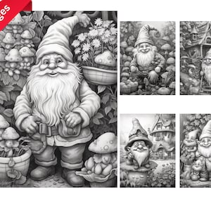 Grayscale Garden gnomes coloring book for adults, teens, instant download, printable pdf, gift