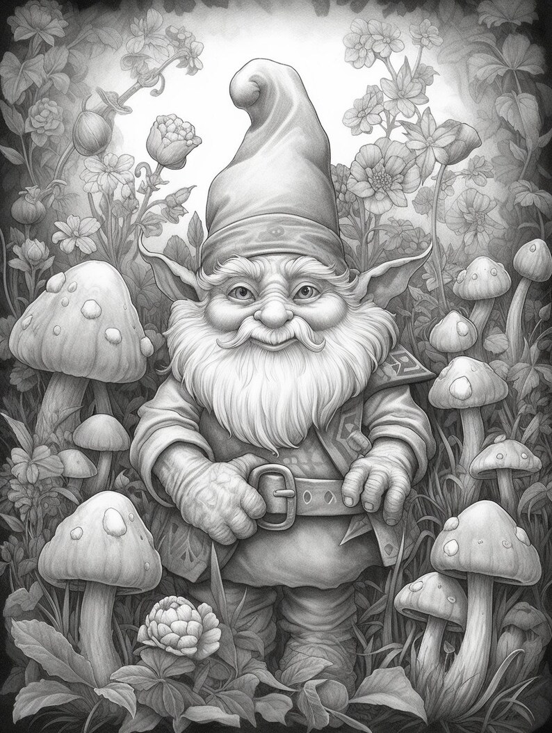 Cute Gnomes in the garden Coloring Book for Adults and Kids, Grayscale Coloring Pages, Instant Download, Printable PDF File image 8