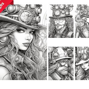 Steampunk Coloring Book - Adults Kids Coloring Pages, Instant Download, Grayscale Coloring Book, Printable PDF File, gift