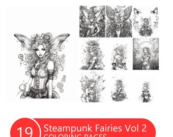 Kolorowanka Steampunk Fairies: Ilustracje w skali szarości (do druku w formacie PDF)
