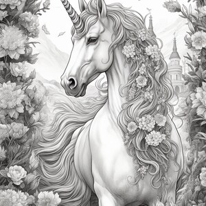 Puede incluir: Ilustraci&oacute;n detallada en blanco y negro de un unicornio. El unicornio tiene un cuerno largo y en espiral, una melena fluida adornada con flores y est&aacute; rodeado de elementos florales. Un castillo y monta&ntilde;as son visibles en el fondo.