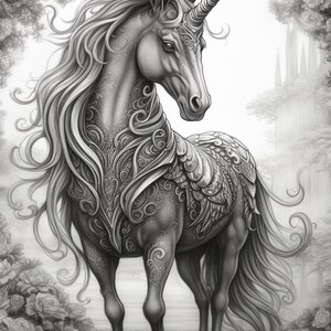 Puede incluir: Ilustraci&oacute;n detallada en escala de grises de un unicornio con una larga melena y un cuerno en espiral. El unicornio est&aacute; adornado con intrincados patrones en su cuerpo y se encuentra en un entorno floral y forestal, creando un tema de fantas&iacute;a.