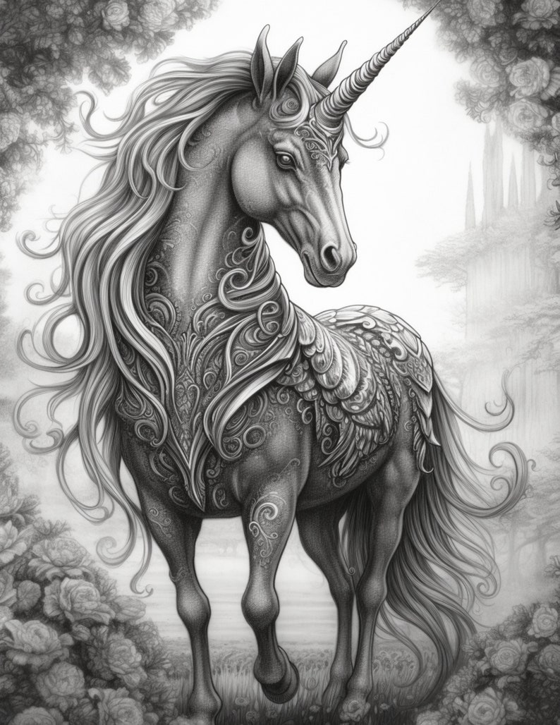 Puede incluir: Ilustraci&oacute;n detallada en escala de grises de un unicornio con una larga melena y un cuerno en espiral. El unicornio est&aacute; adornado con intrincados patrones en su cuerpo y se encuentra en un entorno floral y forestal, creando un tema de fantas&iacute;a.
