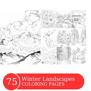 Winterlandschaften, Malbuch für Erwachsene und Kinder, Graustufen Malseiten, Sofortdownload, druckbare PDF-Datei