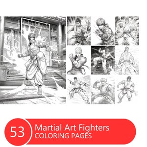 Può includere: Una pagina da colorare in bianco e nero con nove diversi combattenti di arti marziali in varie pose. La copertina del libro include il testo "Martial Art Fighters Coloring Pages" e il numero "53".