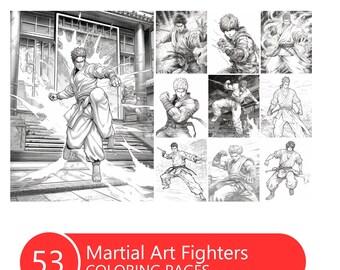 May include: A black and white coloring book page featuring nine different martial art fighters in various poses. The book cover includes the text "Martial Art Fighters Coloring Pages" and the number "53".