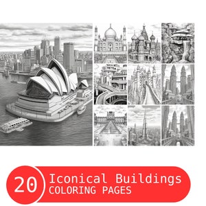 Iconical Buildings Coloring Book for Adults and Kids, Grayscale Coloring Pages, Instant Download, Printable PDF File