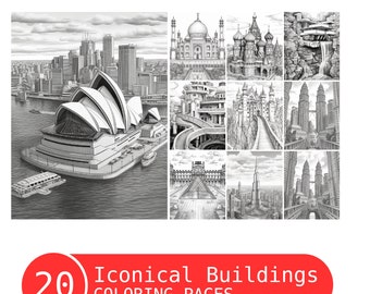 Libro para colorear de edificios icónicos: Páginas de arquitectura en escala de grises (PDF imprimible)