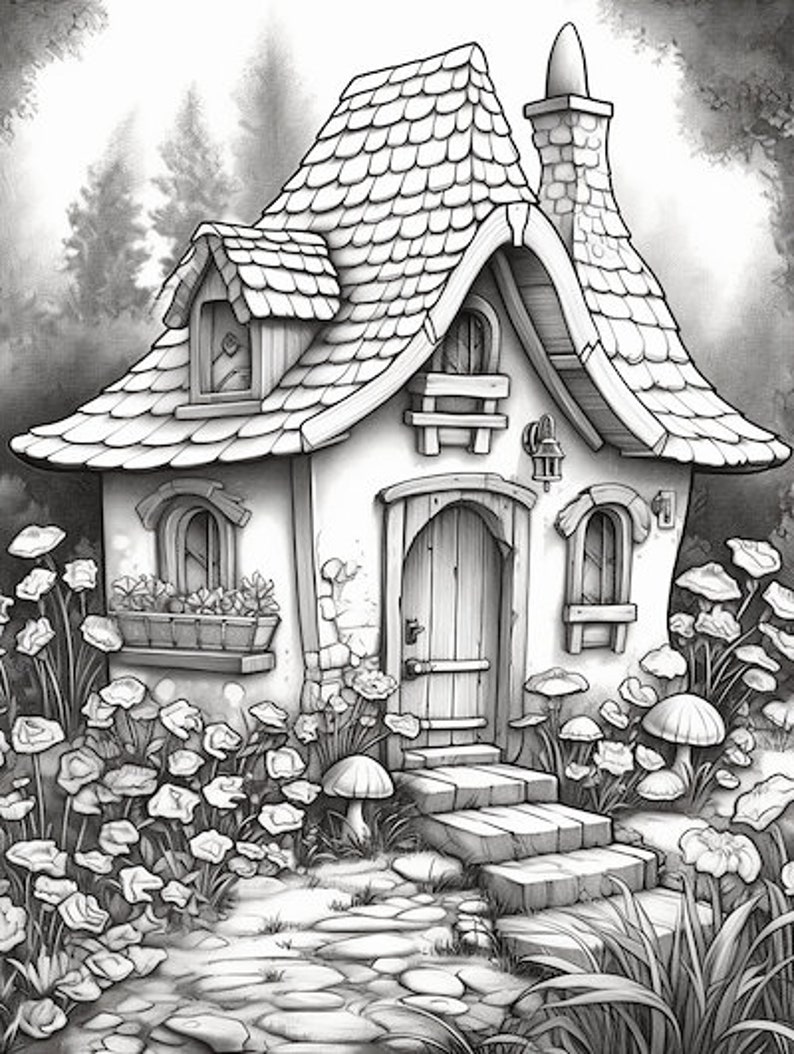 Fairy Cottage Coloring Book for Adults and Kids, Grayscale Coloring ...